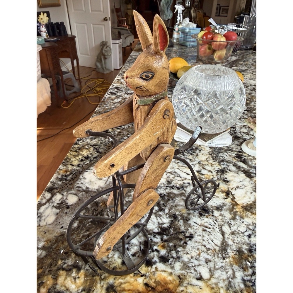Vintage‎ Wooden Rabbit Riding Bicycle Folk Art Metal Wheels Whirligig